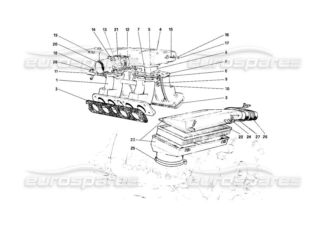 ferrari mondial 8 (1981) diagrama de piezas de colectores y admisión de aire