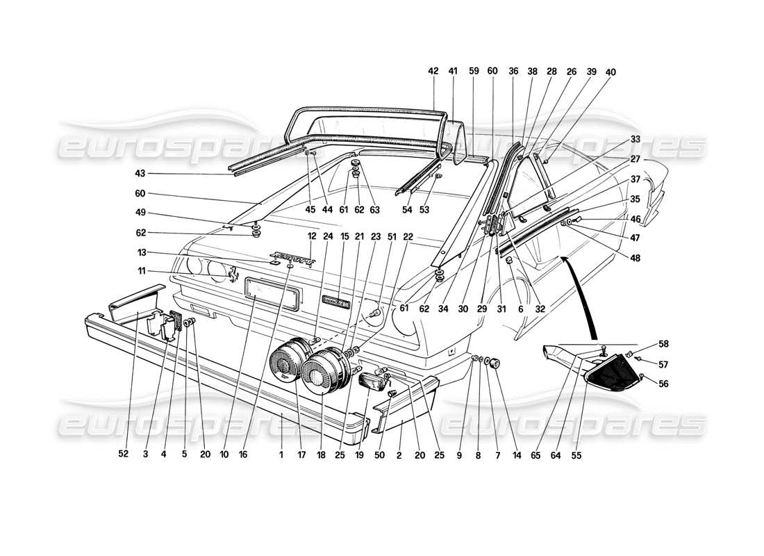 ferrari mondial 8 (1981) parachoques, luces y cristal trasero diagrama de piezas