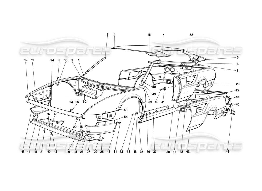 ferrari mondial 8 (1981) carrocería - diagrama de piezas de elementos exteriores