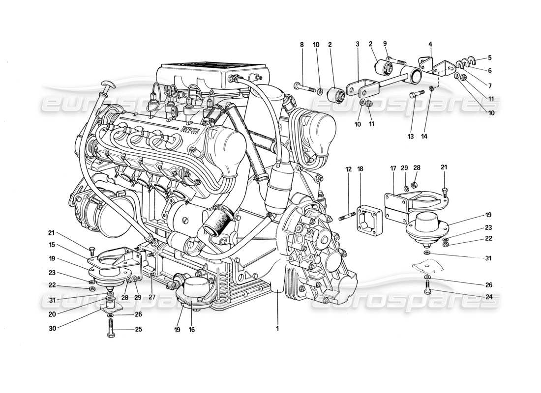 ferrari 328 (1985) motor - diagrama de piezas de caja de cambios y soportes
