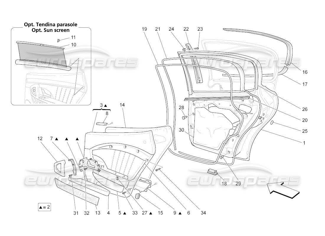 maserati qtp. (2011) 4.7 auto puertas traseras: diagrama de piezas de los paneles embellecedores
