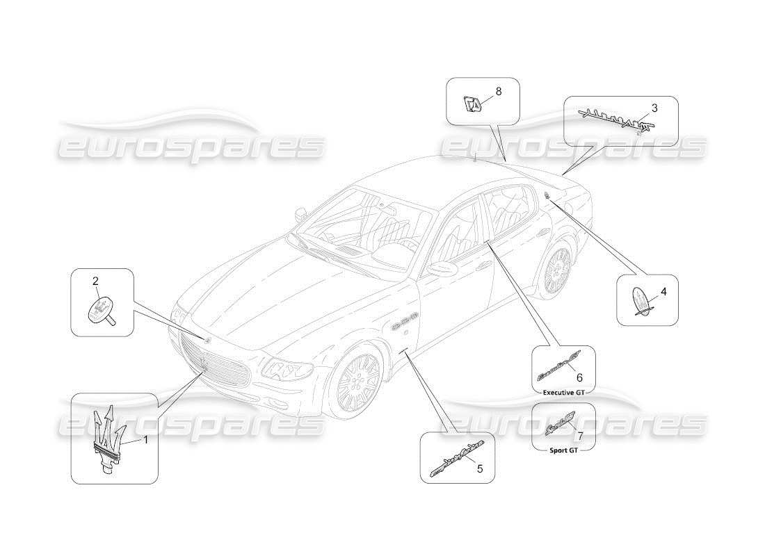 maserati qtp. (2011) 4.7 auto diagrama de piezas de adornos, marcas y símbolos