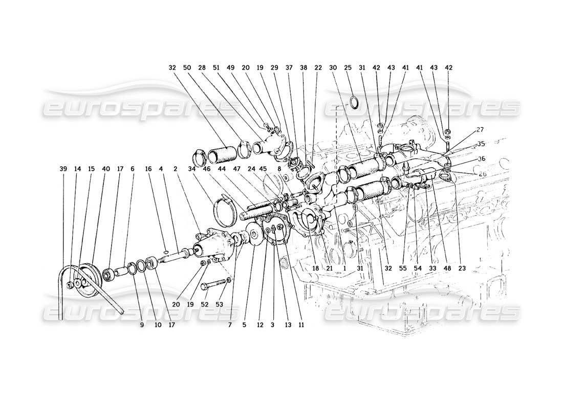 ferrari 308 gt4 dino (1979) diagrama de piezas de bomba de agua y tuberías