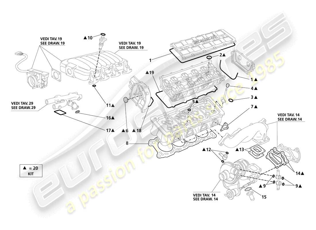 maserati 3200 gt/gta/assetto corsa juntas y sellos: diagrama de la pieza del cabezal