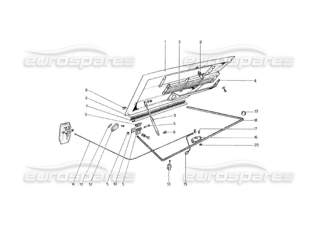 ferrari 308 gt4 dino (1979) diagrama de piezas de la tapa del compartimiento del motor y la alfombra