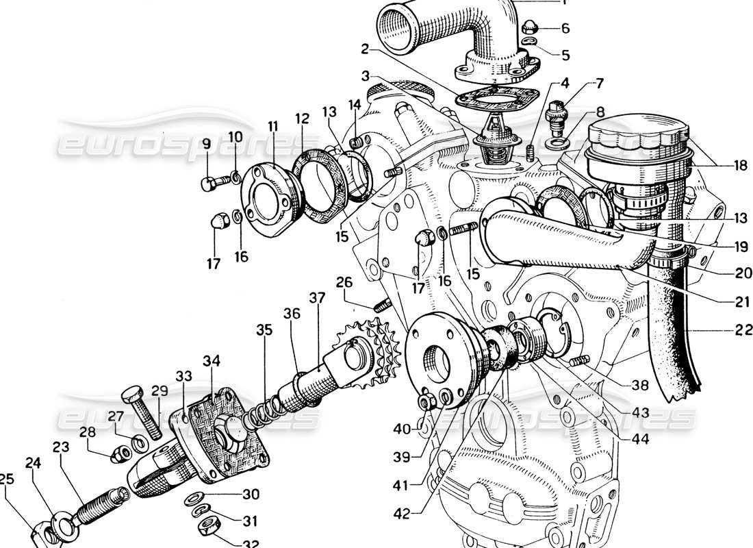 ferrari 330 gtc coupe diagrama de piezas del termostato y tensor de sincronización