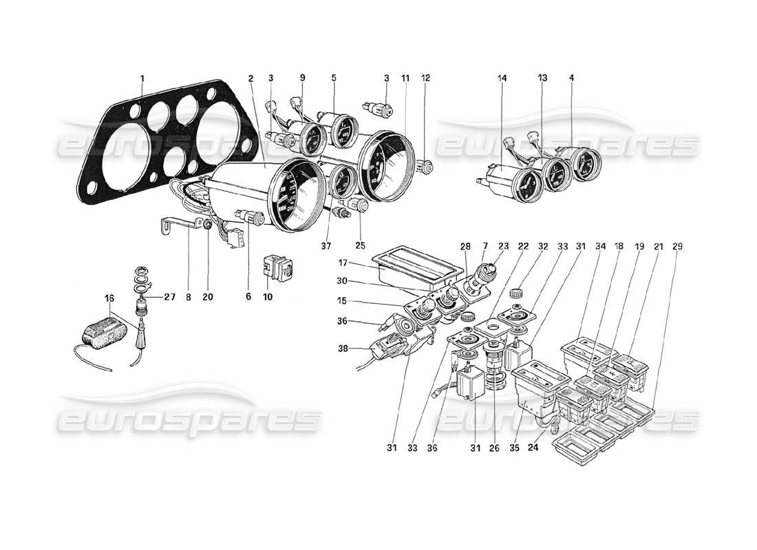 ferrari 208 turbo (1989) instrumentos y accesorios diagrama de piezas