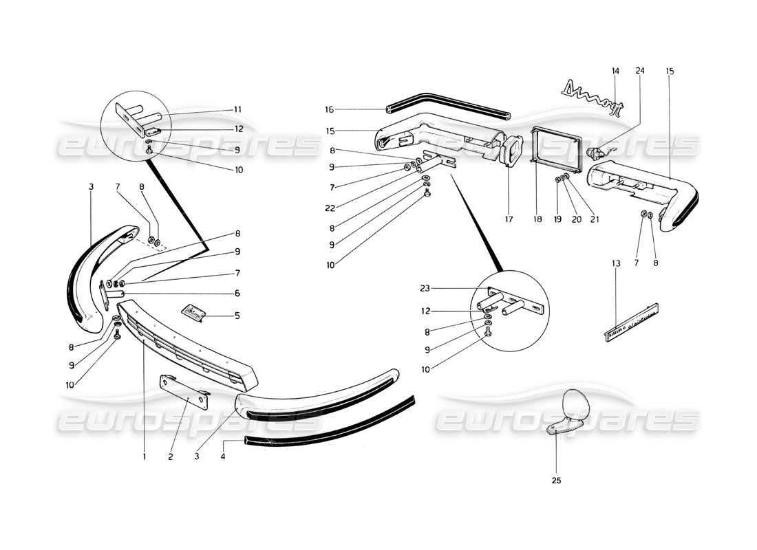 ferrari 246 dino (1975) diagrama de piezas de parachoques y molduras
