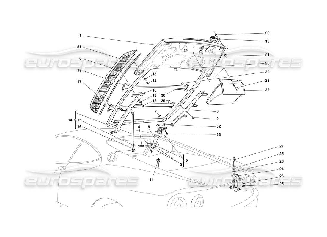 ferrari 360 challenge (2000) diagrama de piezas del capó del motor