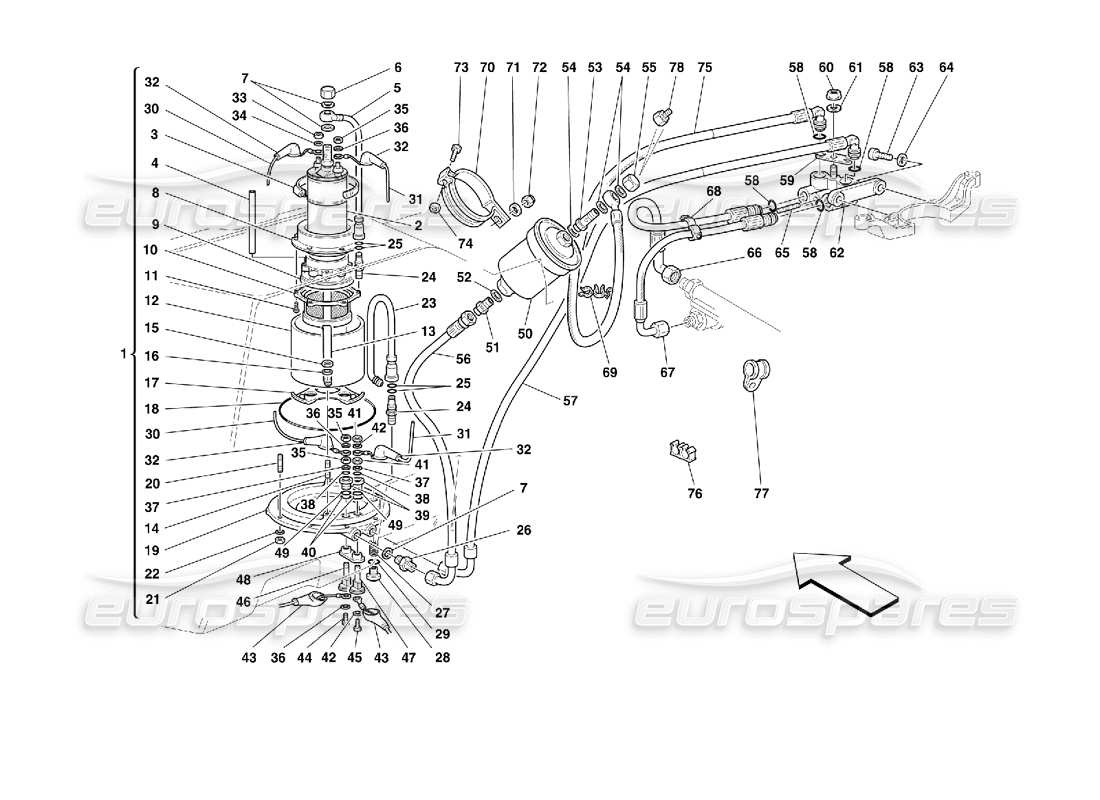 ferrari 355 (2.7 motronic) diagrama de piezas de la bomba de combustible y las tuberías