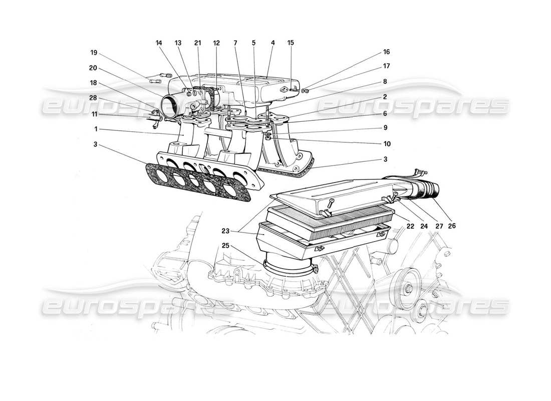 ferrari 308 (1981) gtbi/gtsi diagrama de piezas de colectores y admisión de aire