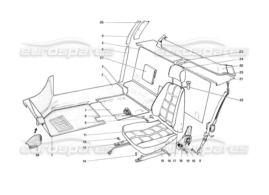 ferrari 308 (1981) gtbi/gtsi diagrama de piezas de molduras interiores, accesorios y asientos