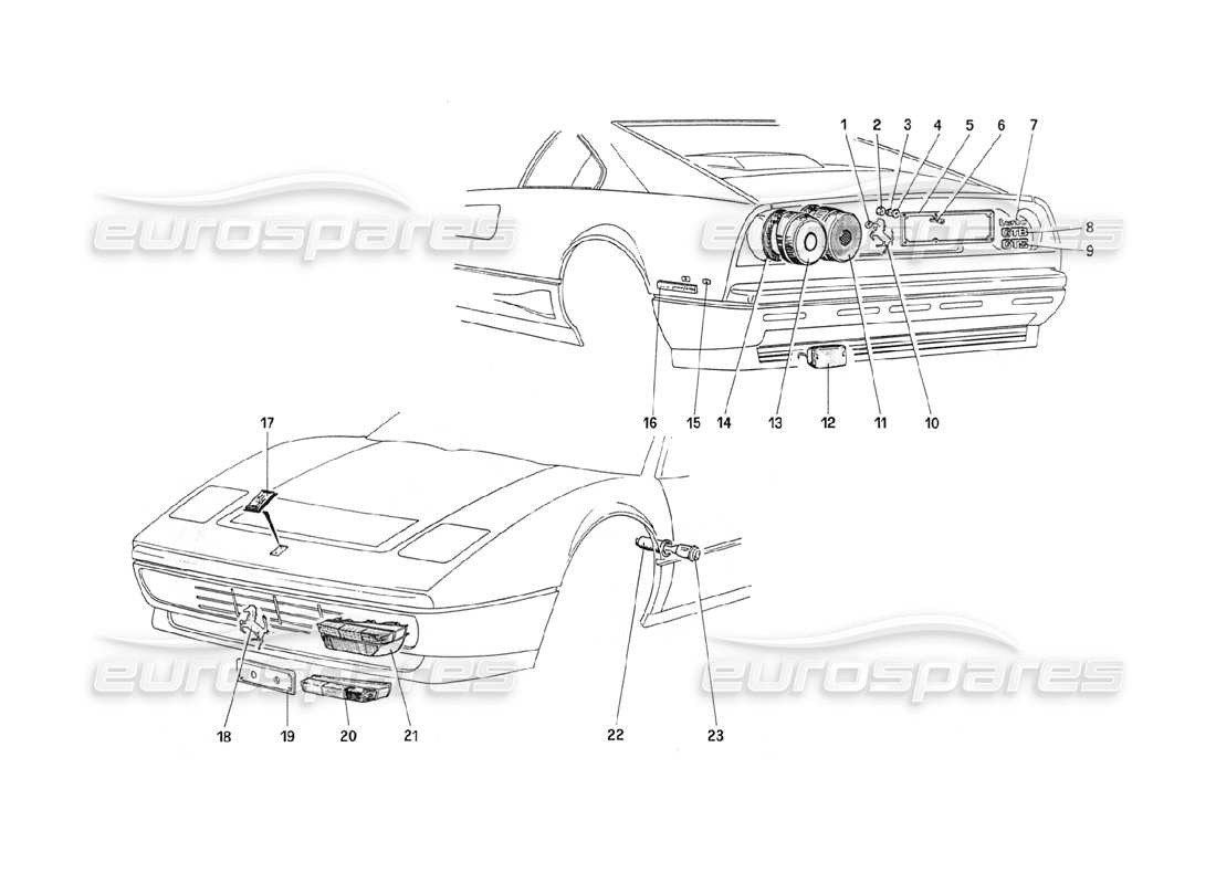 ferrari 208 turbo (1989) luces y molduras exteriores diagrama de piezas