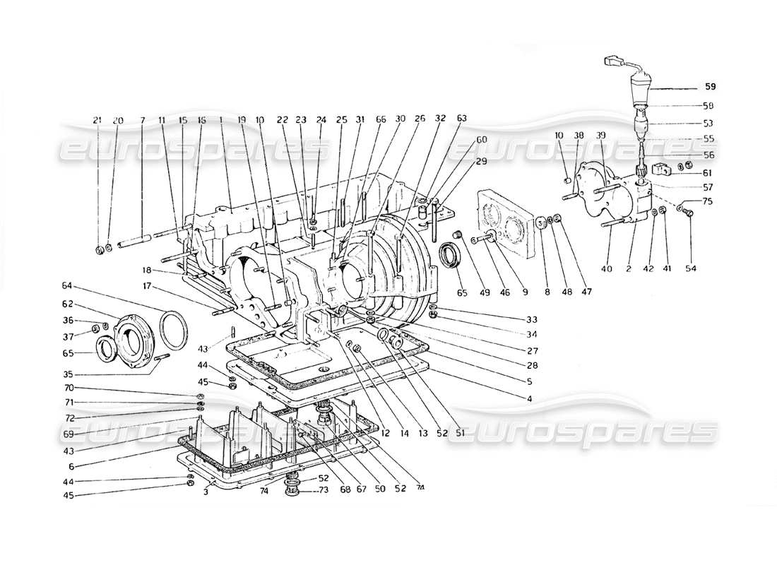 ferrari 308 gt4 dino (1979) engranaje: diagrama de piezas de la carcasa del diferencial y del cárter de aceite