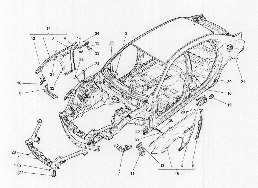 maserati qtp. v6 3.0 bt 410bhp 2wd 2017 diagrama de piezas de la carrocería y los paneles exteriores delanteros