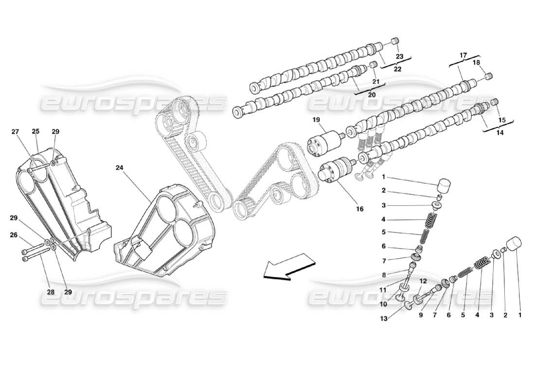 ferrari 360 challenge stradale sincronización: diagrama de piezas de taqués y protectores