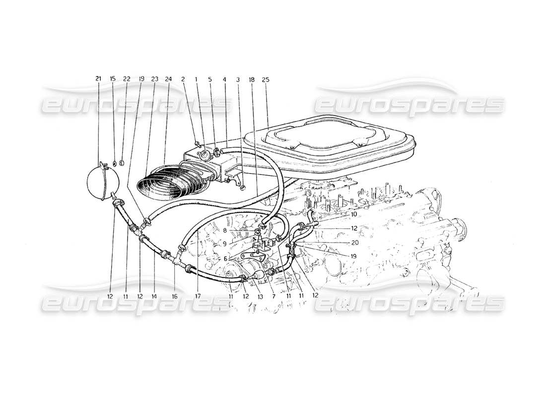 ferrari 308 gt4 dino (1979) diagrama de piezas de válvula y líneas del filtro de aire de admisión (variantes para ee. uu., versión aus y j)