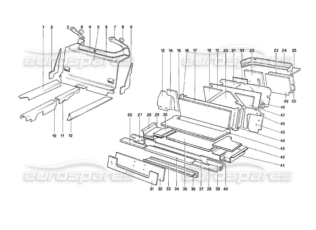 ferrari 208 turbo (1989) maletero y compartimento de pasajeros. aislamiento diagrama de piezas