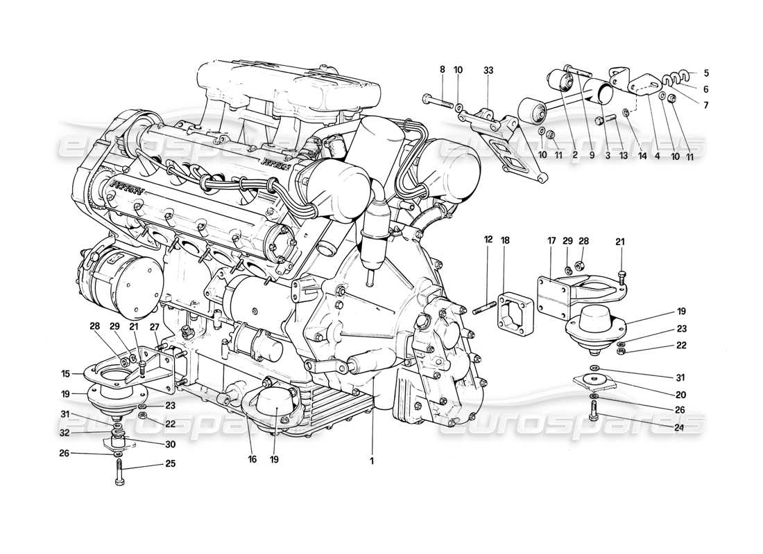 ferrari mondial 8 (1981) motor - diagrama de piezas de caja de cambios y soportes