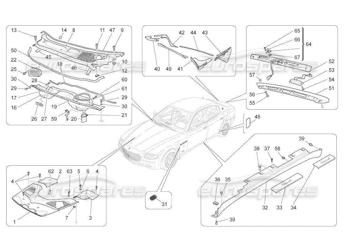 maserati qtp. (2011) 4.7 auto diagrama de piezas de escudos, molduras y paneles de cobertura