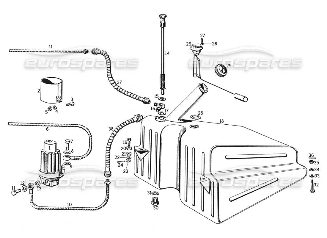 ferrari 250 gte (1957) diagrama de piezas del tanque de combustible con accesorios y bomba eléctrica