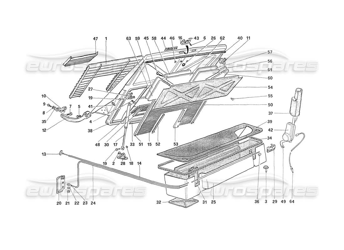 ferrari 208 turbo (1989) cubierta del capó trasero y del compartimento de equipaje diagrama de piezas