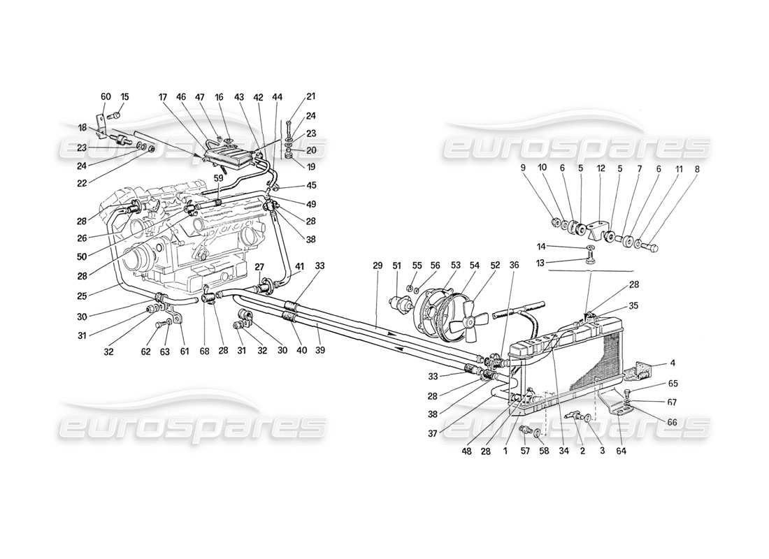 ferrari 208 turbo (1989) sistema de refrigeración diagrama de piezas