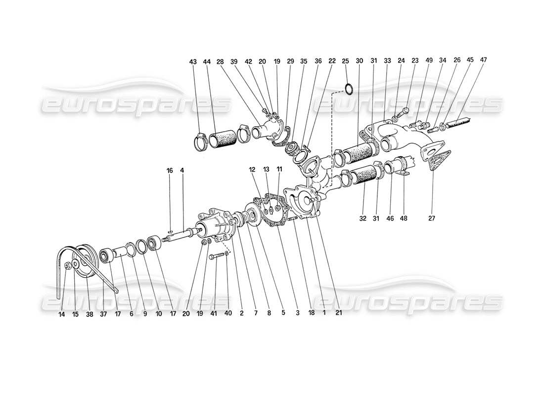 ferrari 208 turbo (1989) bomba de agua y tuberías diagrama de piezas