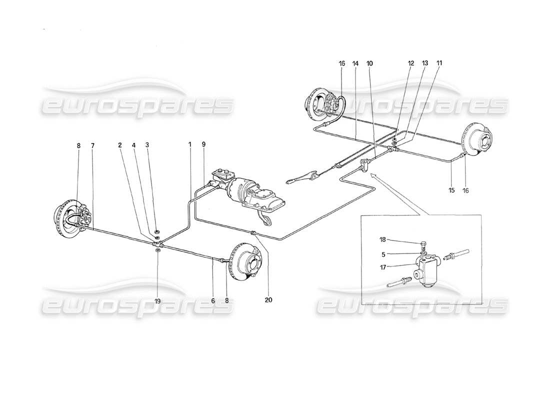 ferrari 208 turbo (1989) diagrama de piezas del sistema de frenos (para automóviles sin sistema antideslizante)