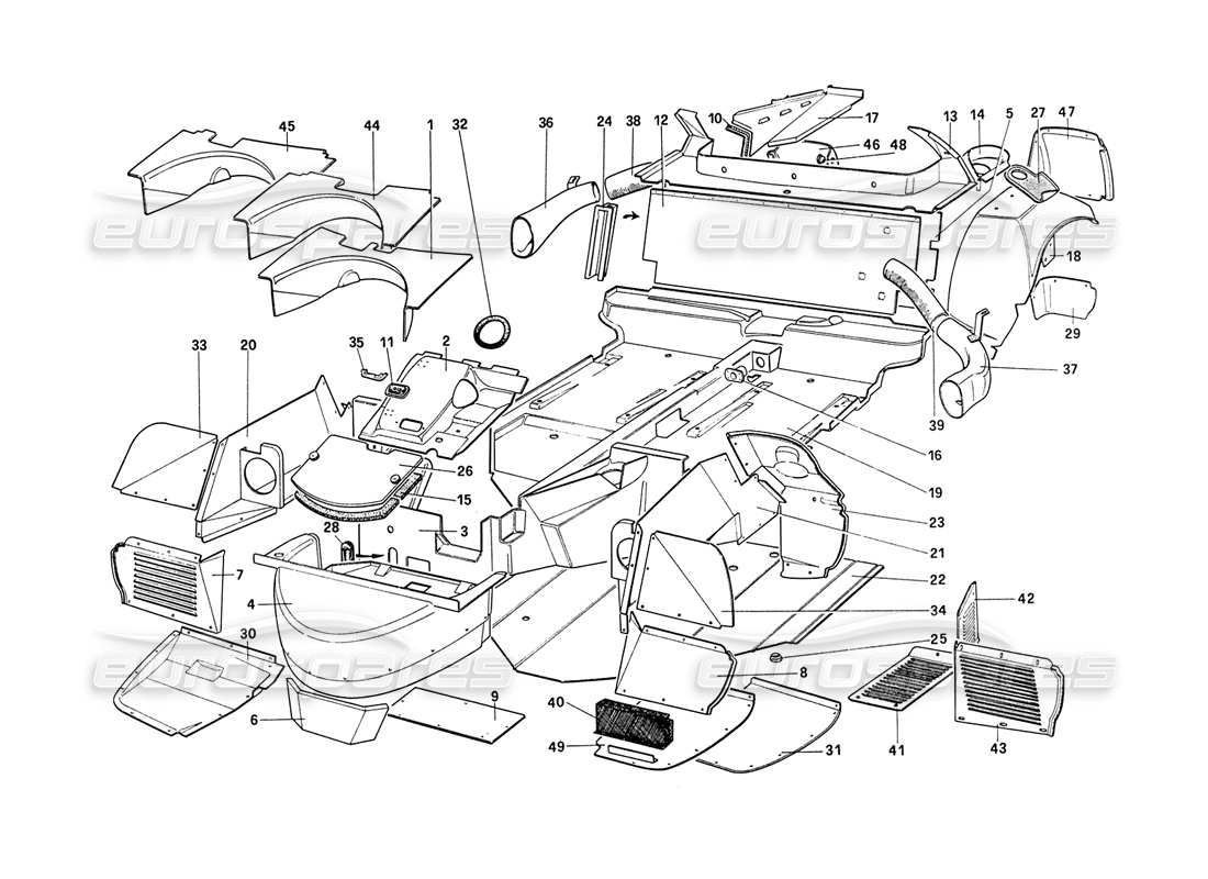 ferrari 208 turbo (1989) carrocería - elementos internos diagrama de piezas