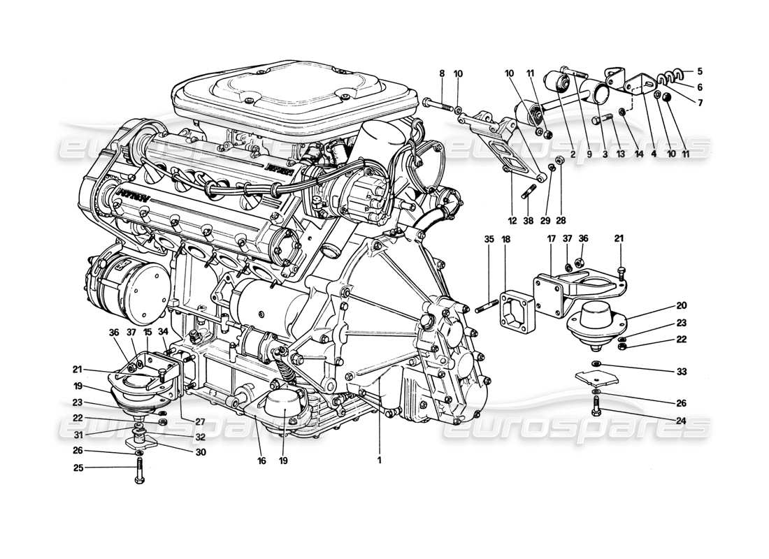 ferrari 308 gtb (1980) motor - diagrama de piezas de caja de cambios y soportes