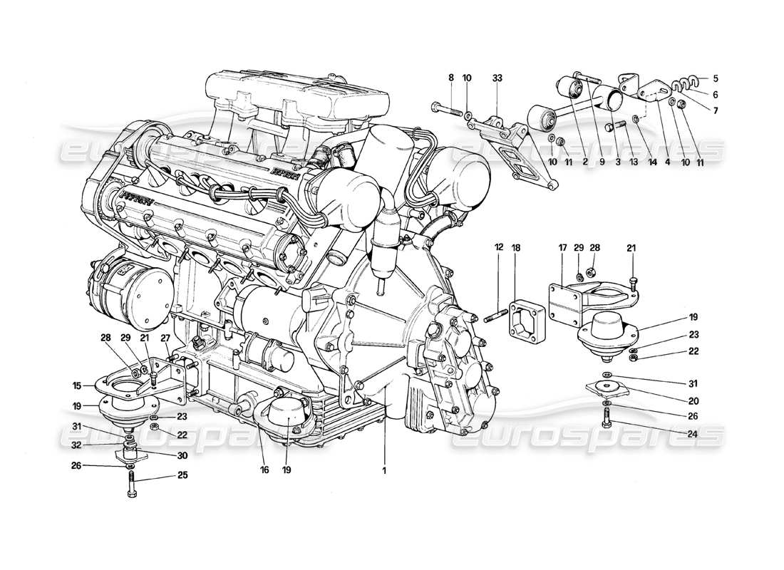 ferrari 308 (1981) gtbi/gtsi motor - diagrama de piezas de caja de cambios y soportes