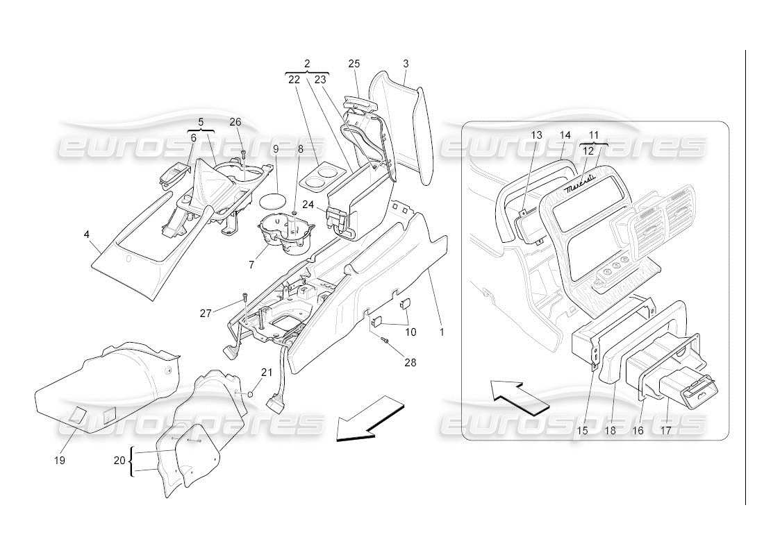 maserati qtp. (2007) 4.2 auto diagrama de piezas de la consola de accesorios y la consola central