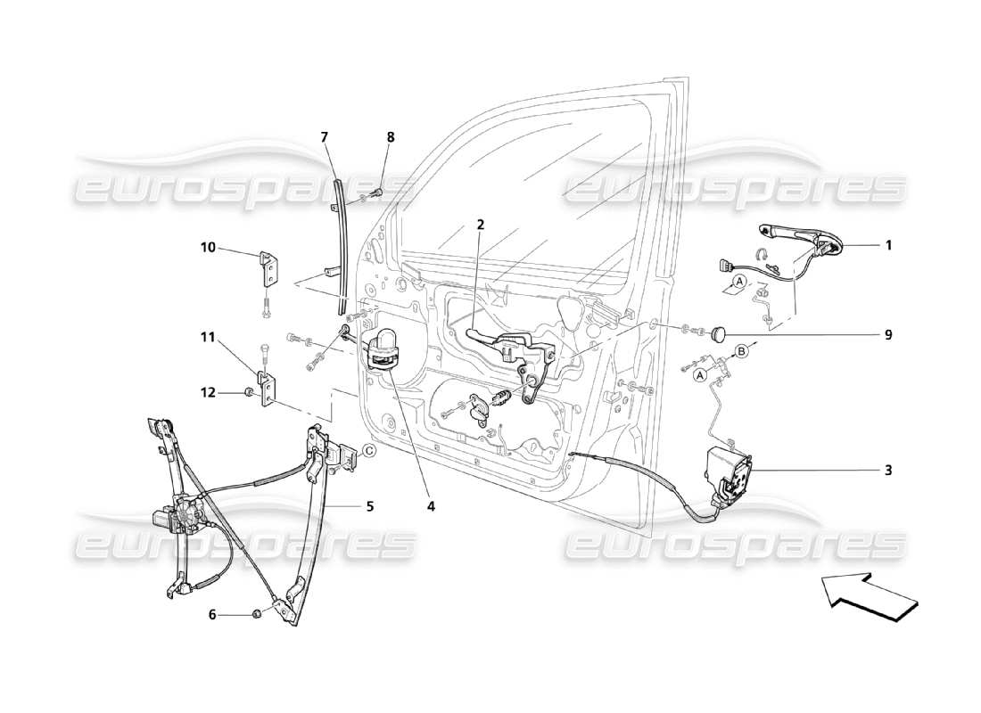 maserati qtp. (2003) 4.2 puertas delanteras: diagrama de piezas de los dispositivos de movimiento