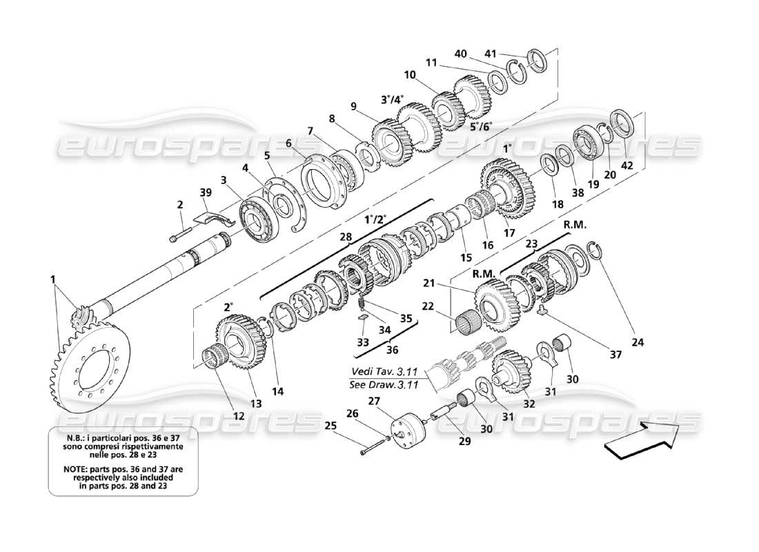 maserati qtp. (2003) 4.2 diagrama de piezas de engranajes del eje de apoyo