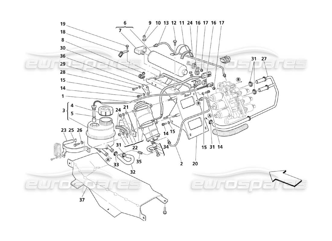 maserati qtp. (2003) 4.2 sistema hidráulico de control de la caja de cambios: diagrama de piezas del tanque y la bomba
