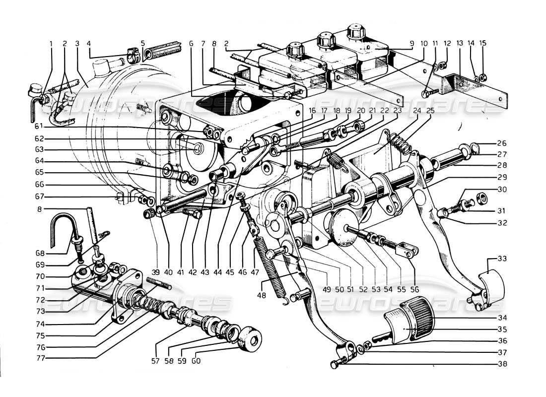 ferrari 275 gtb/gts 2 cam diagrama de piezas de la caja de pedales