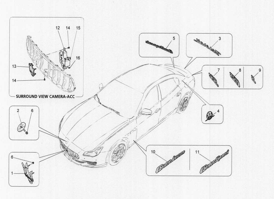 maserati qtp. v6 3.0 tds 275bhp 2017 diagrama de piezas de adornos, marcas y símbolos