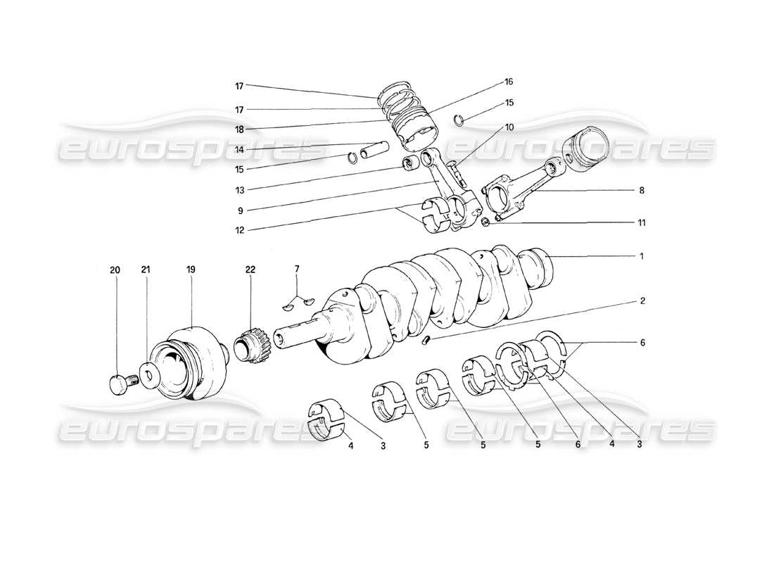 ferrari 208 turbo (1989) cigüeñal - bielas y pistones diagrama de piezas