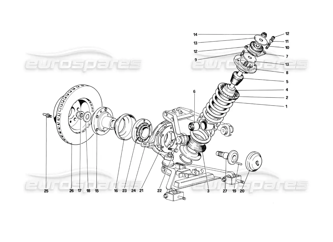 ferrari mondial 3.0 qv (1984) suspensión delantera - amortiguador y disco de freno diagrama de piezas