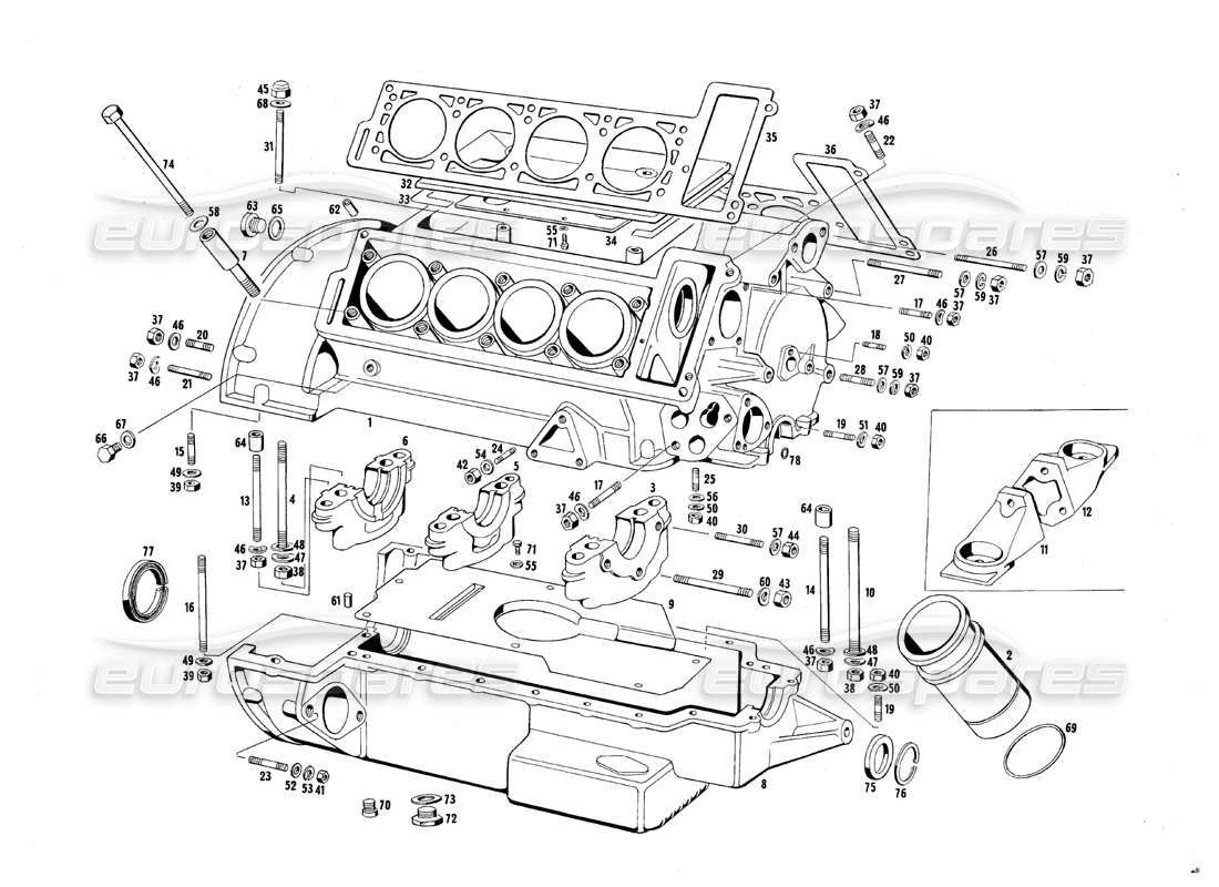 maserati qtp.v8 4.7 (s1 & s2) 1967 diagrama de piezas de la carcasa del motor