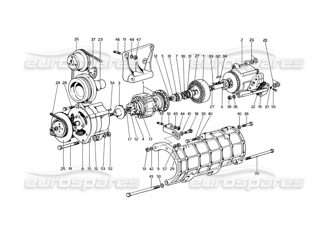 ferrari 246 dino (1975) diagrama de piezas de la bomba de aire y el alternador