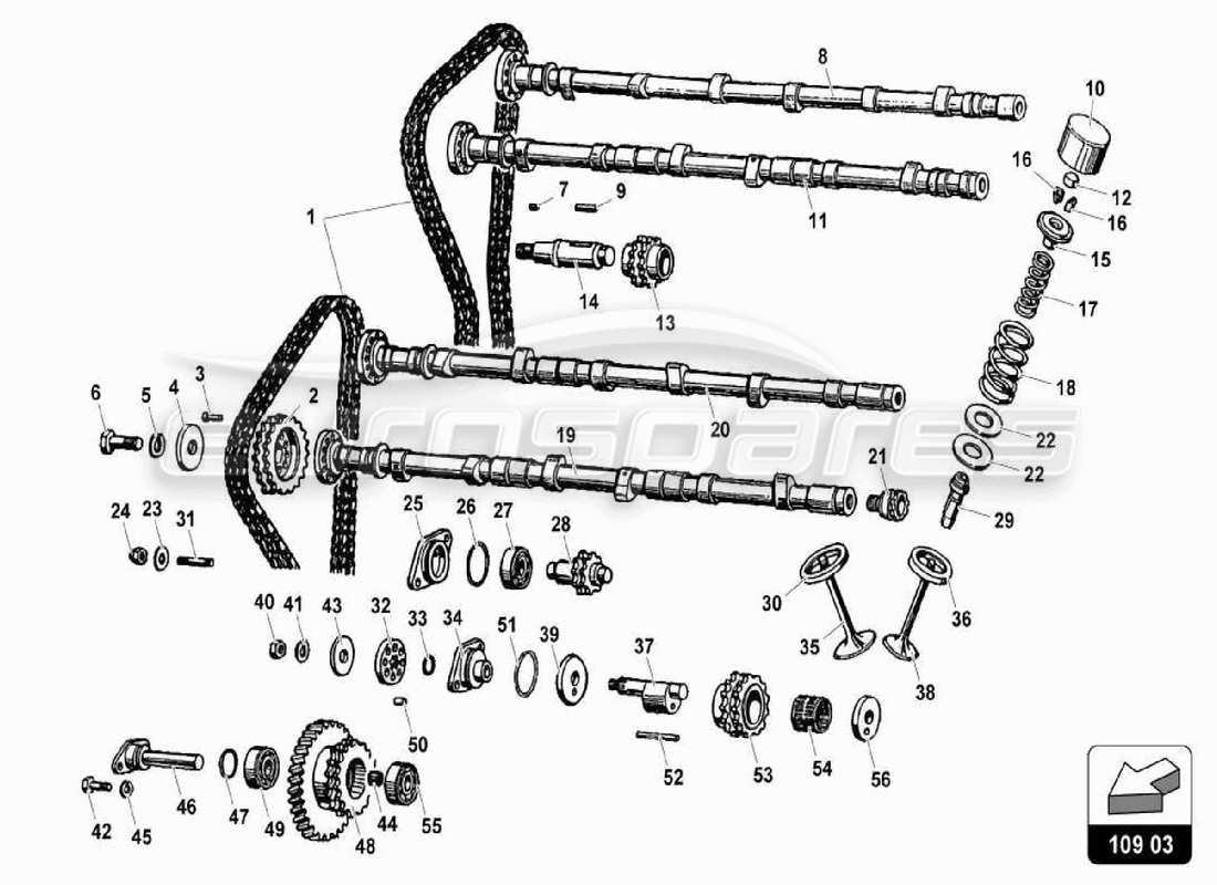 lamborghini miura p400s sistema de sincronización de cabeza diagrama de piezas