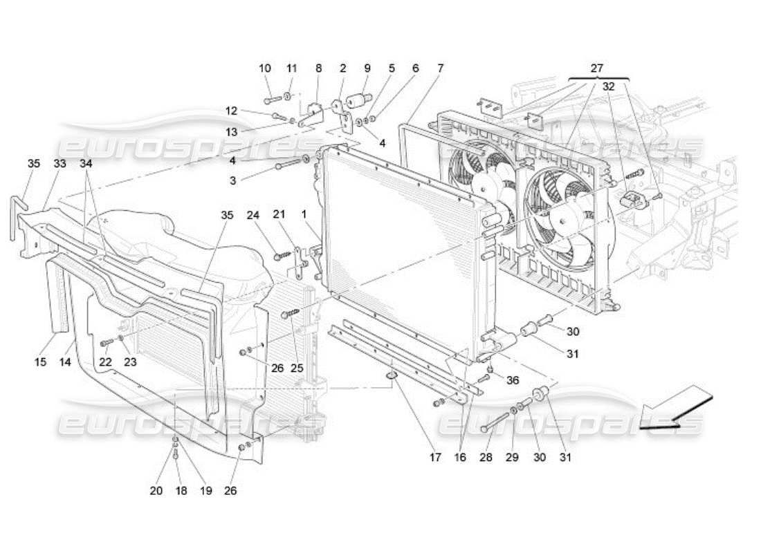 maserati qtp. (2005) 4.2 enfriamiento: diagrama de piezas de conductos y radiadores de aire