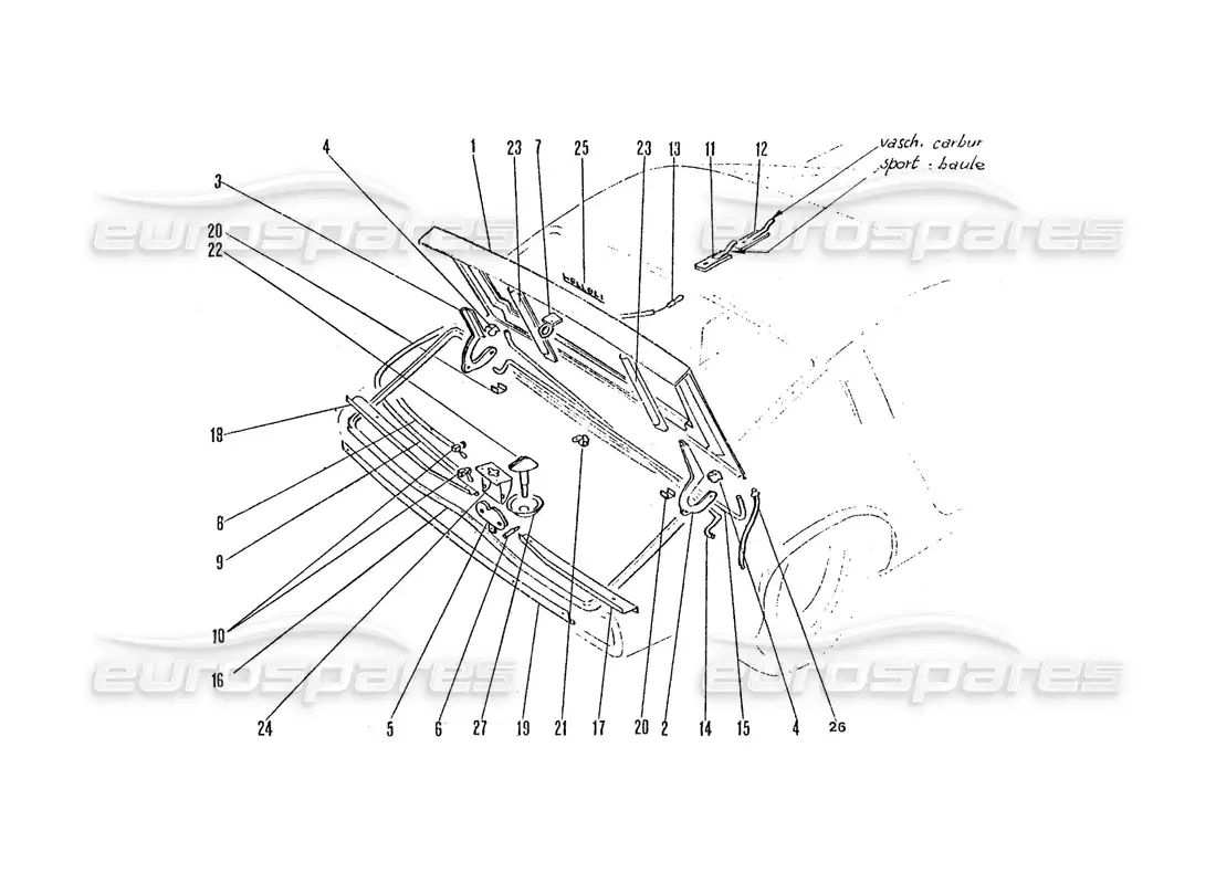 ferrari 365 gtc4 (coachwork) tapa trasera del maletero diagrama de piezas