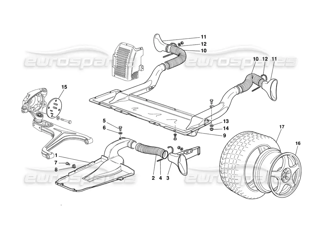 ferrari 348 challenge (1995) diagrama de piezas de ruedas y tomas de aire de frenos