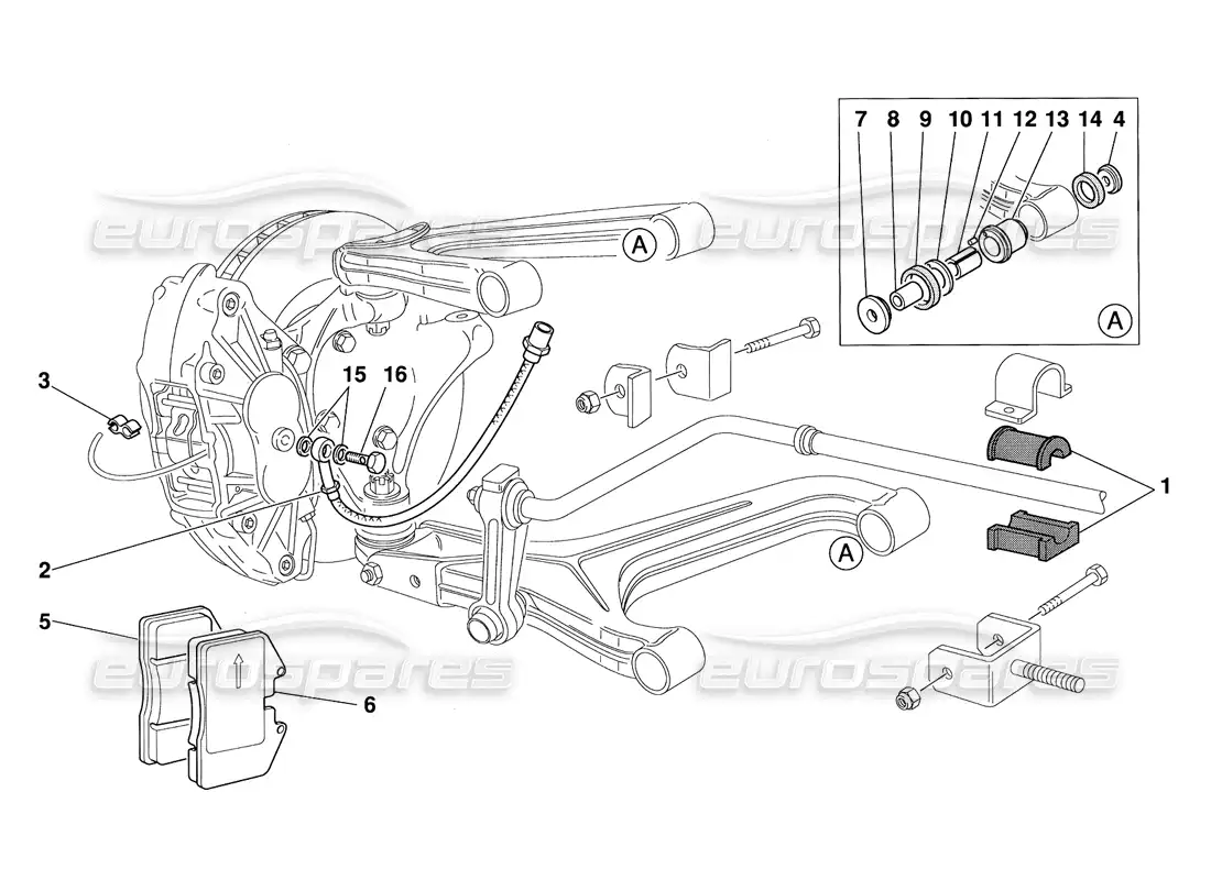 ferrari 348 challenge (1995) diagrama de piezas de pastillas de suspensión delantera y tubos de freno