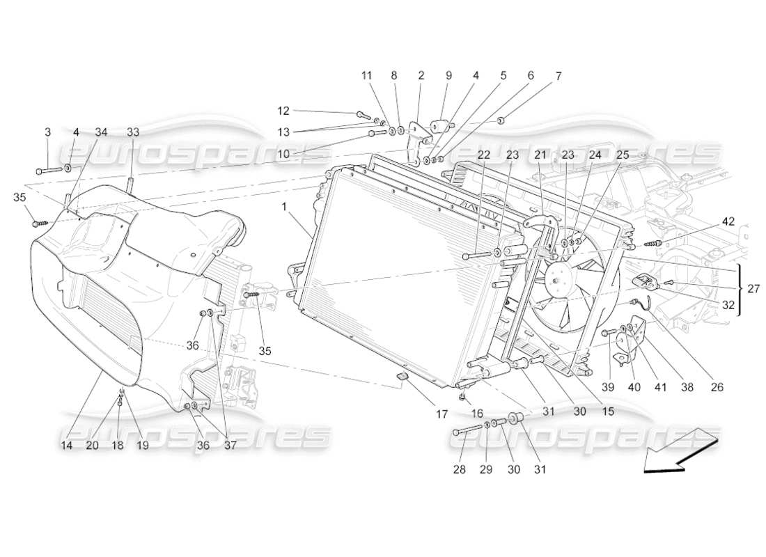 maserati grancabrio (2011) 4.7 enfriamiento: diagrama de piezas de conductos y radiadores de aire