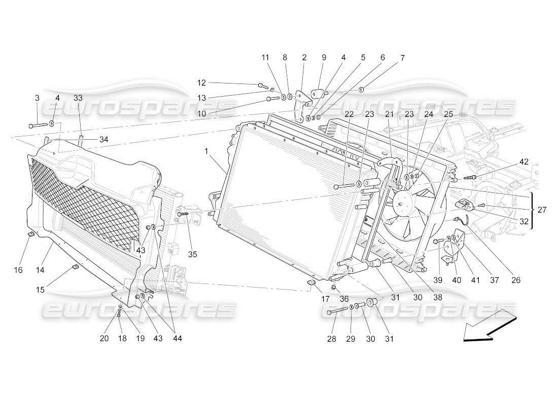 maserati qtp. (2011) 4.7 auto enfriamiento: diagrama de piezas de conductos y radiadores de aire