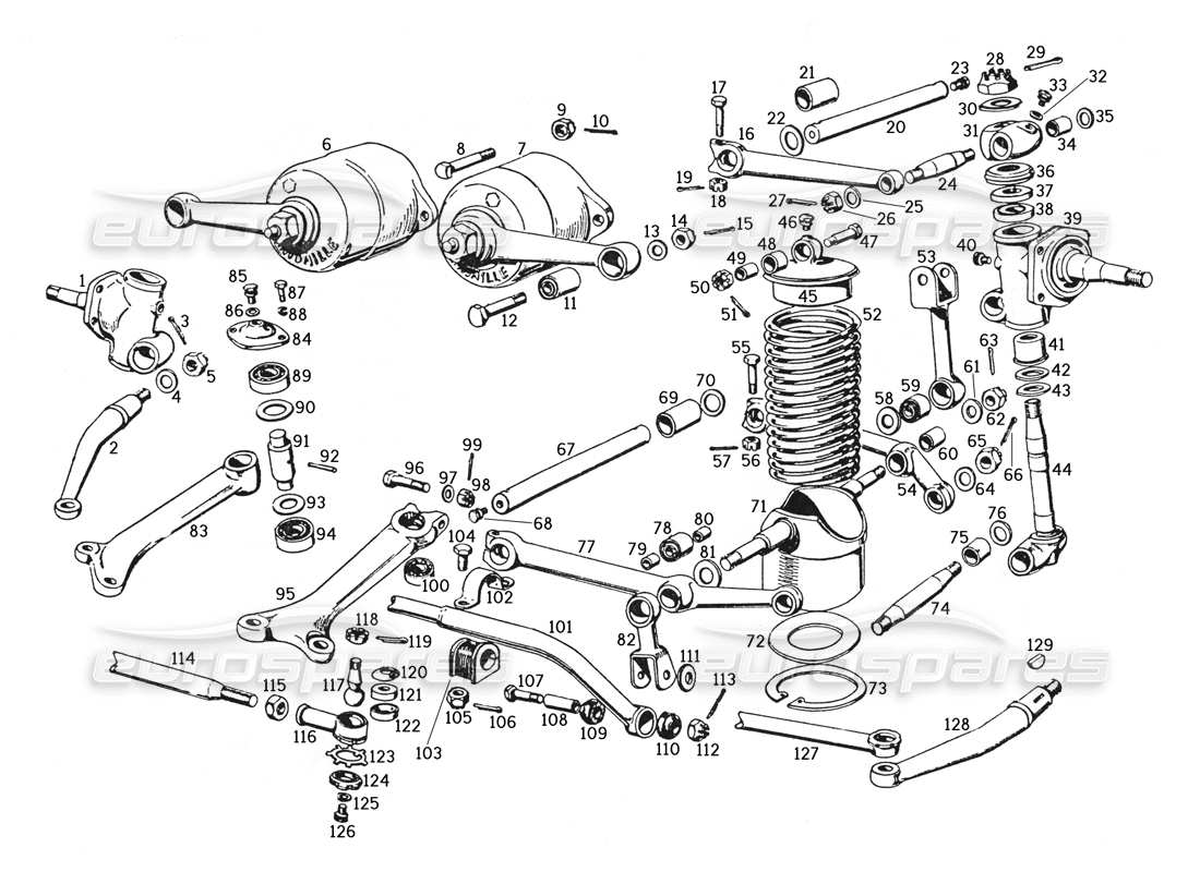 ferrari 250 gte (1957) suspensión delantera y varillaje de dirección diagrama de piezas